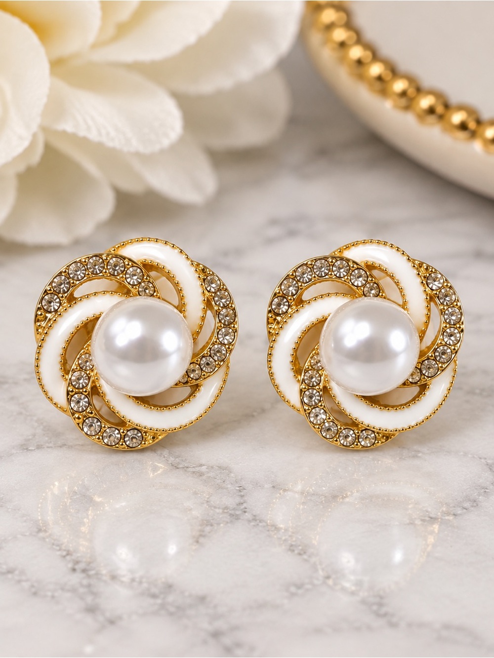 Boutique Pearl Rhinestone Gold Tone Swirl Stud Earrings White Enamel - Picture 6 of 7